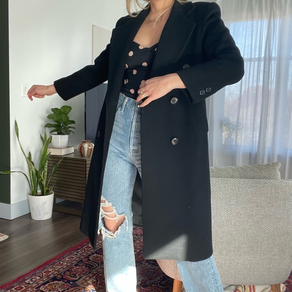 Black Wool Coat Vintage Long Jacket Double Breasted Collared by Jones New York S - Picture 2 of 9